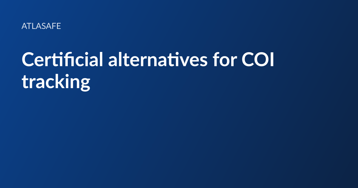 Atlasafe article card: the headline “Certificial alternatives for COI tracking” set in white type on a dark blue gradient, with the Atlasafe wordmark above it