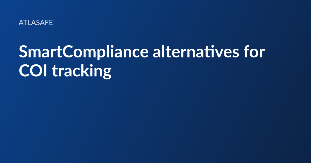 Atlasafe article card: the headline “SmartCompliance alternatives for COI tracking” set in white type on a dark blue gradient, with the Atlasafe wordmark above it
