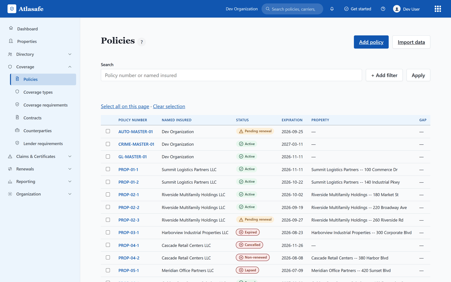 The Atlasafe policy register, listing policies across Active, Pending renewal, Expired, Cancelled, Non-renewed and Lapsed statuses with each one's carrier, coverage type and effective and expiration dates, shown with sample data