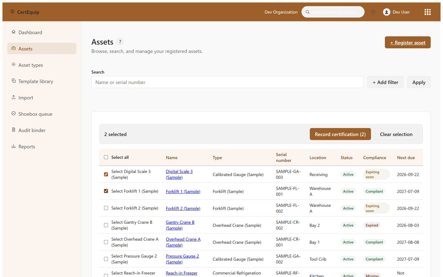 The CertEquip asset registry, listing equipment under the asset types it was registered against with two rows selected for a bulk certification action, shown with sample data
