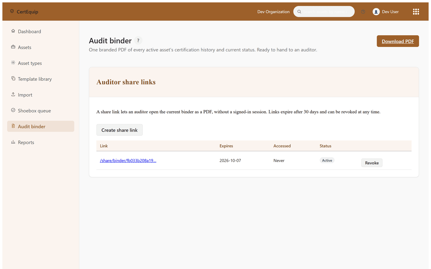 The CertEquip audit binder, showing an active auditor share link alongside the certification history a generated PDF is built from, shown with sample data
