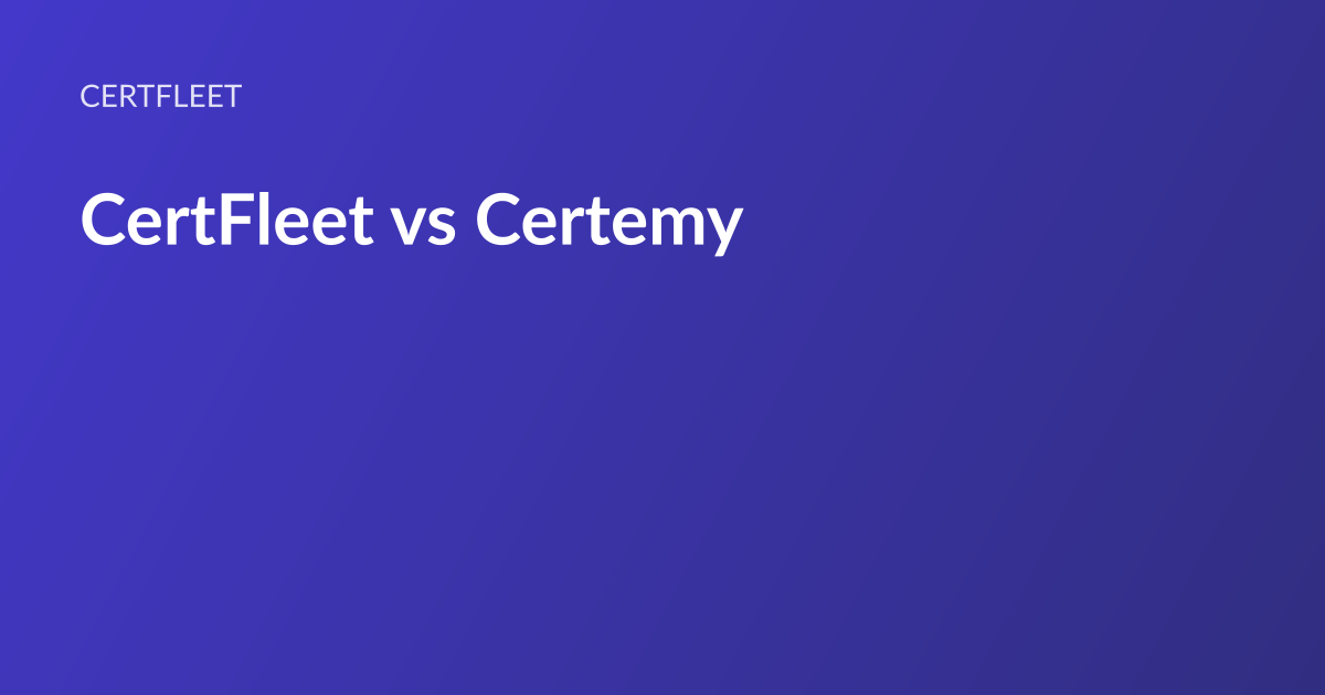 CertFleet article card: the headline “CertFleet vs Certemy” set in white type on an indigo gradient, with the CertFleet wordmark above it