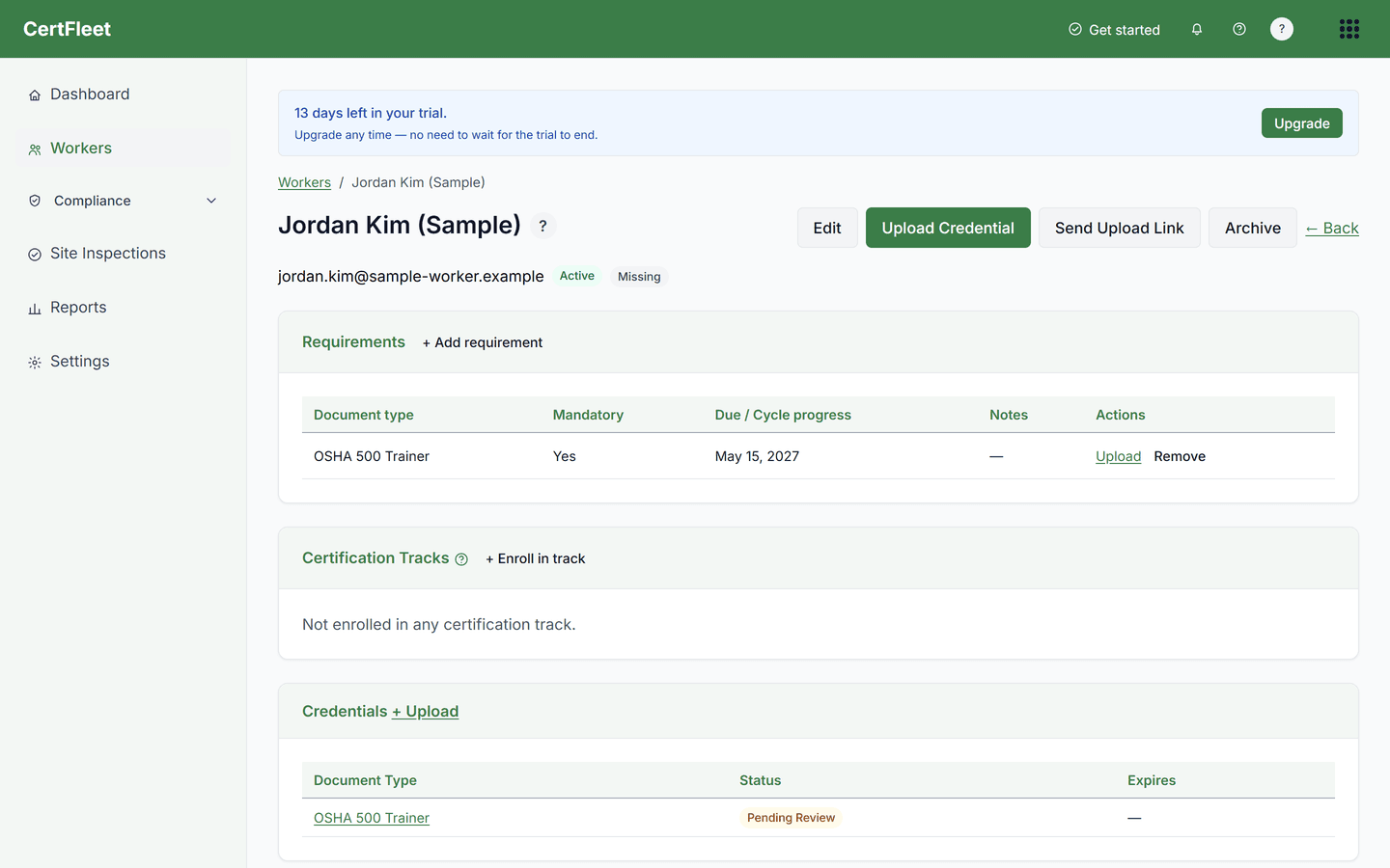 A CertFleet worker record, showing a mandatory requirement and a credential awaiting review with its expiry date, shown with sample data