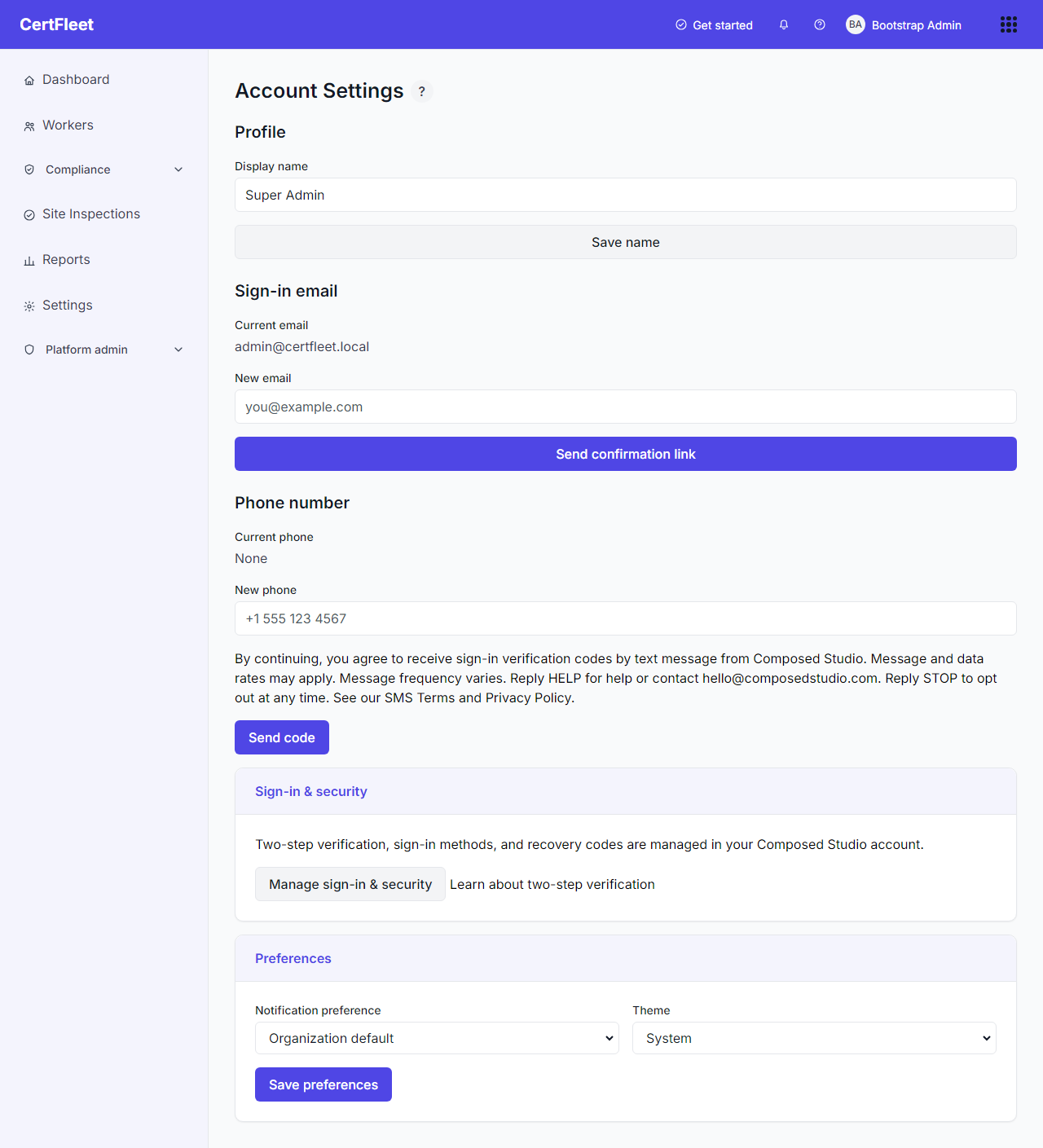 Account Settings screen with a New phone field. Below it, the disclosure reads that by continuing you agree to receive sign-in verification codes by text message from Composed Studio, that message and data rates may apply, that message frequency varies, to reply HELP for help or contact hello@composedstudio.com, and to reply STOP to opt out at any time, with links to the SMS Terms and Privacy Policy. A Send code button follows.