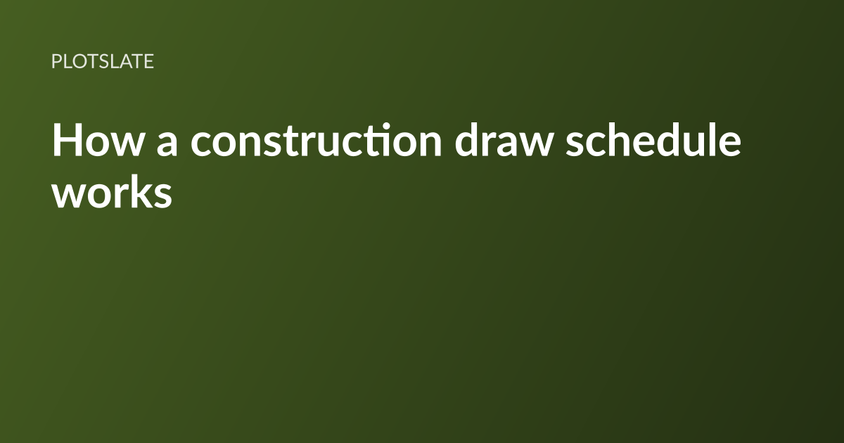PlotSlate article card: the headline “How a construction draw schedule works” set in white type on a dark olive-green gradient, with the PlotSlate wordmark above it