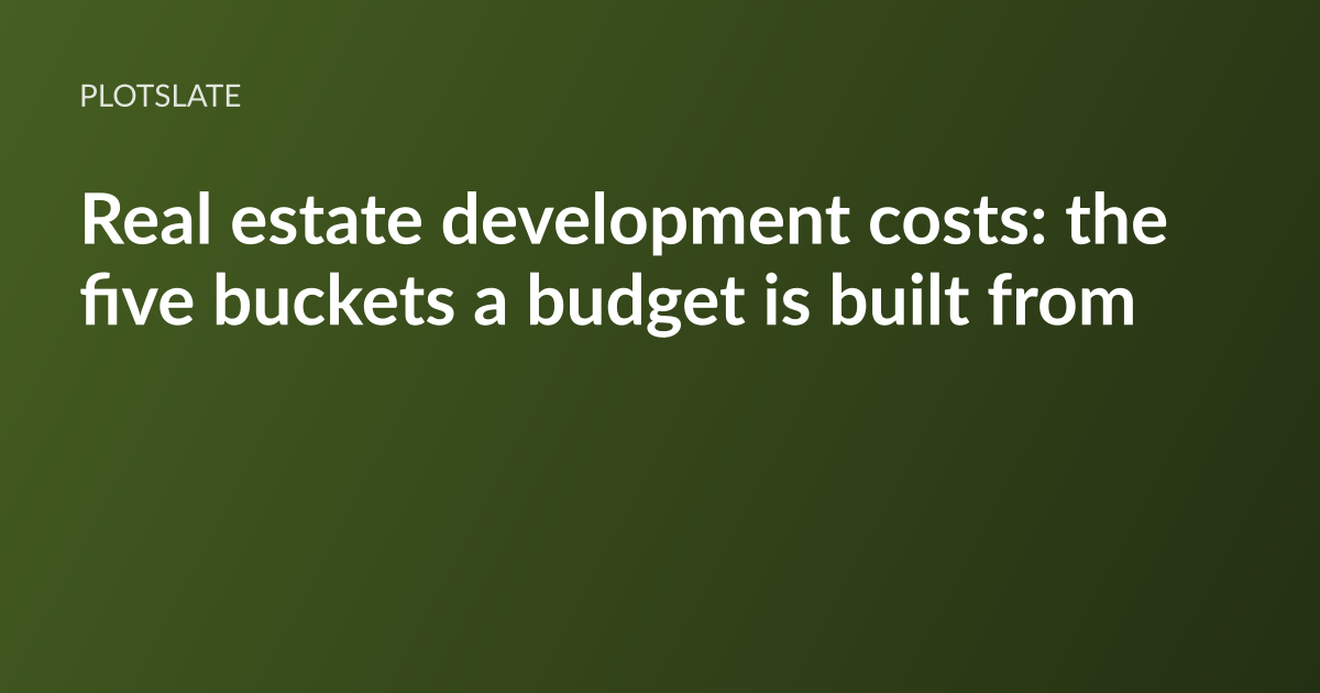 PlotSlate article card: the headline “Real estate development costs: the five buckets” set in white type on a dark olive-green gradient, with the PlotSlate wordmark above it