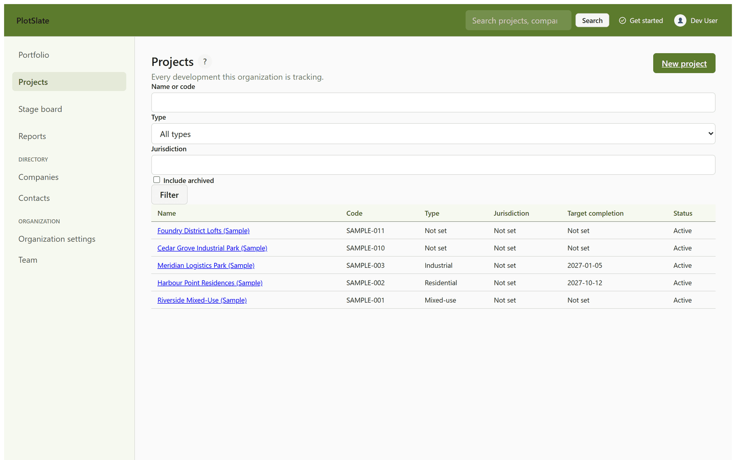 The PlotSlate project list, showing five active projects across different stages with their type and target completion, shown with sample data