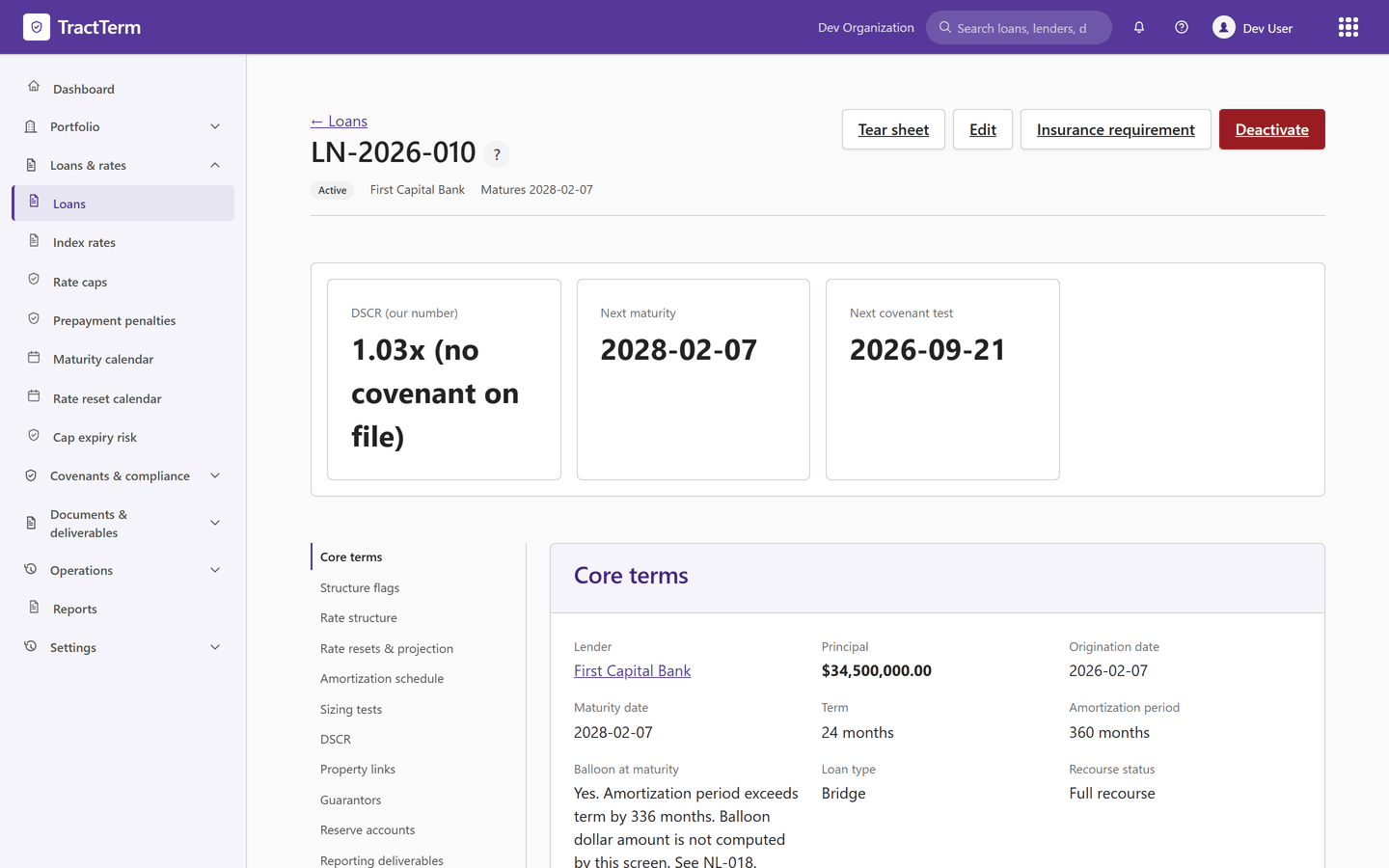 A TractTerm loan record, showing principal, dates, term versus amortization and the structure flags alongside a highlights strip for DSCR, next maturity and next covenant test, shown with sample data