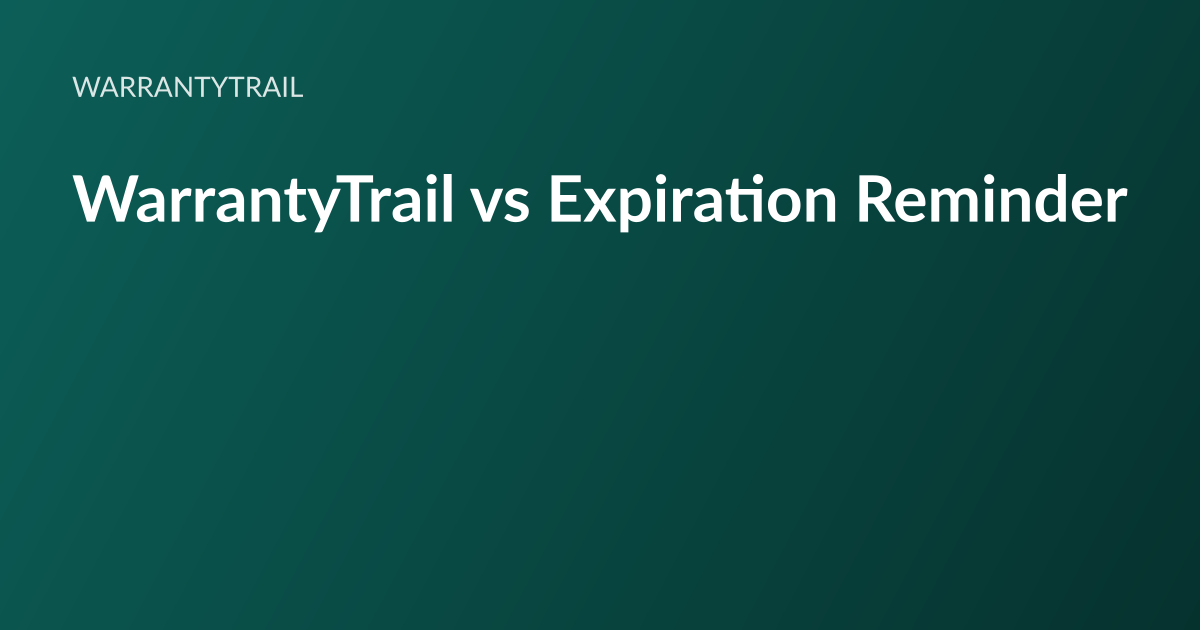 WarrantyTrail article card: the headline “WarrantyTrail vs Expiration Reminder” set in white type on a deep teal gradient, with the WarrantyTrail wordmark above it