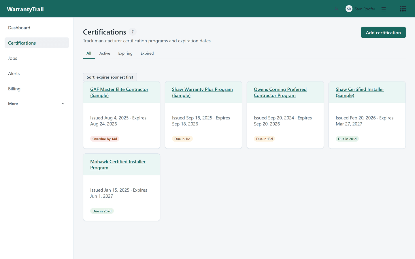 The WarrantyTrail certifications register, showing five certifications across four manufacturers with each one's issue and expiration dates beside its overdue or due-in status, shown with sample data